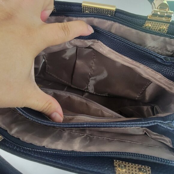 Ladies Pu Leather Top Handle Satchel Handbags Elegant Tote Bag Navy Blue - Picture 8 of 11